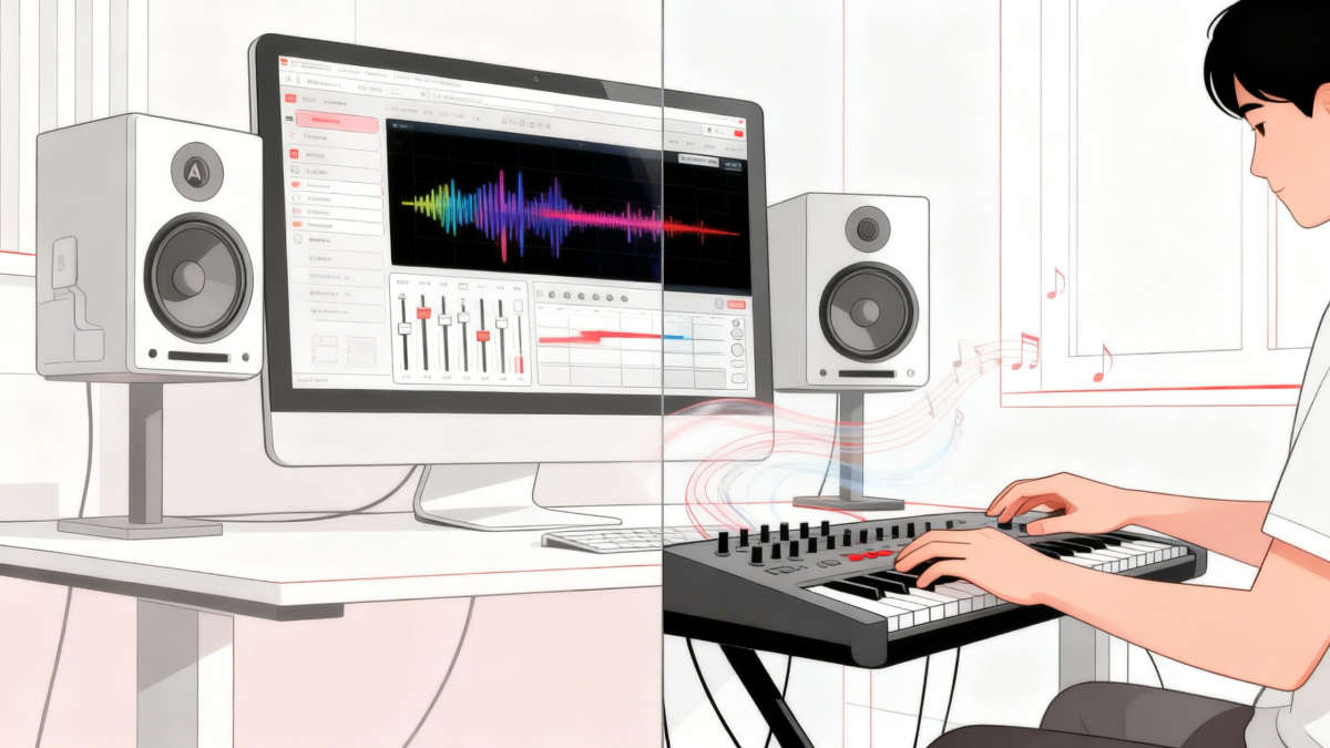 Alt text: 人机协作场景，左侧AI生成音乐波形，右侧音乐人在DAW中编辑调整