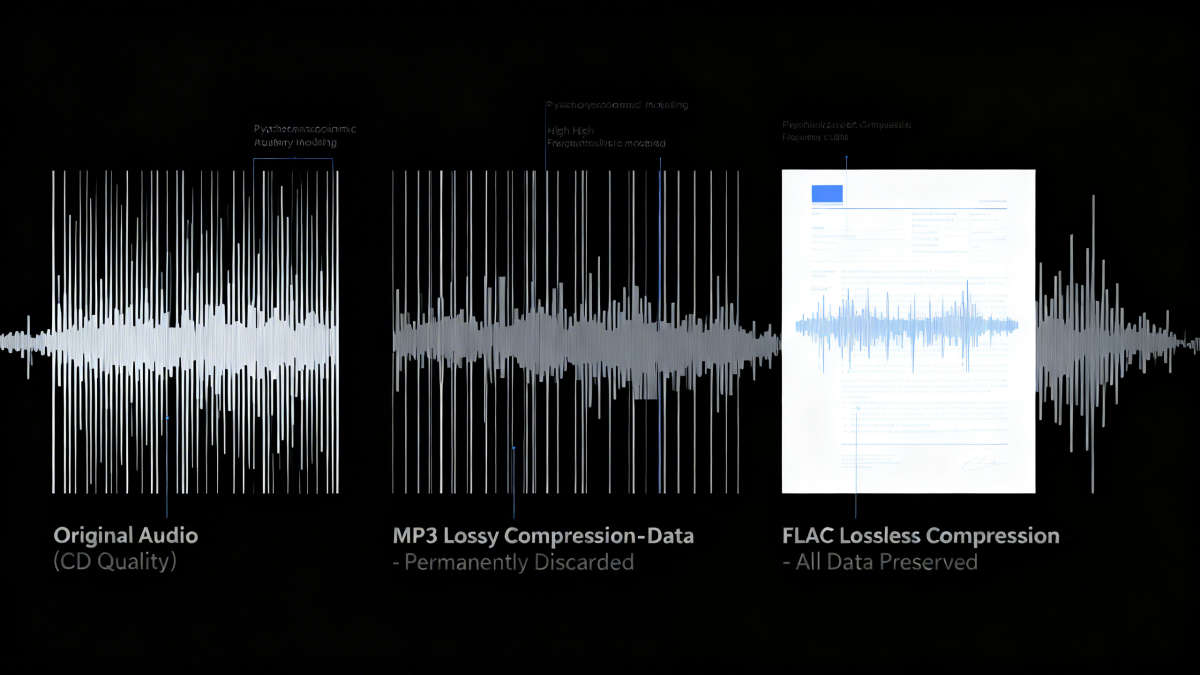 MP3 压缩与 FLAC 无损技术对比图:解释为什么“假无损”不会提升音质