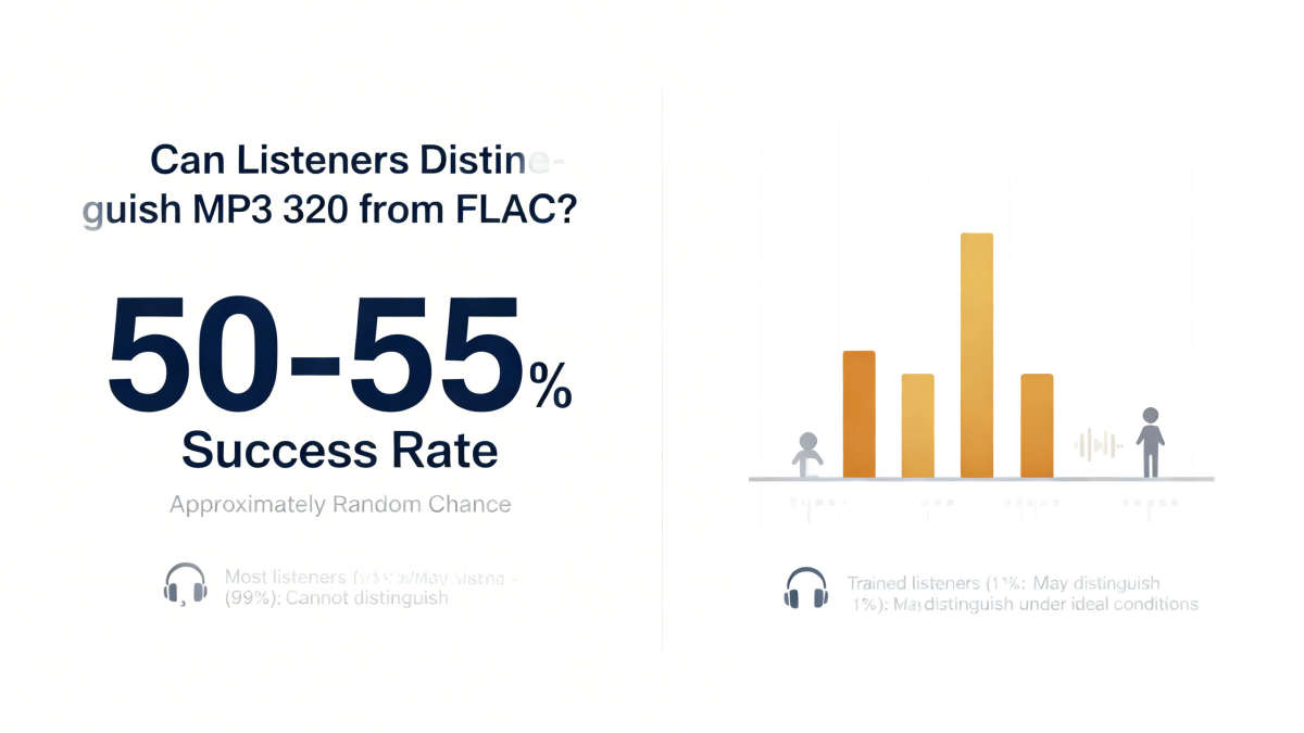 显示 ABX 听力测试结果的信息图，证明区分 MP3 320 和 FLAC 的成功率仅为 50-55%（等同于随机猜测）