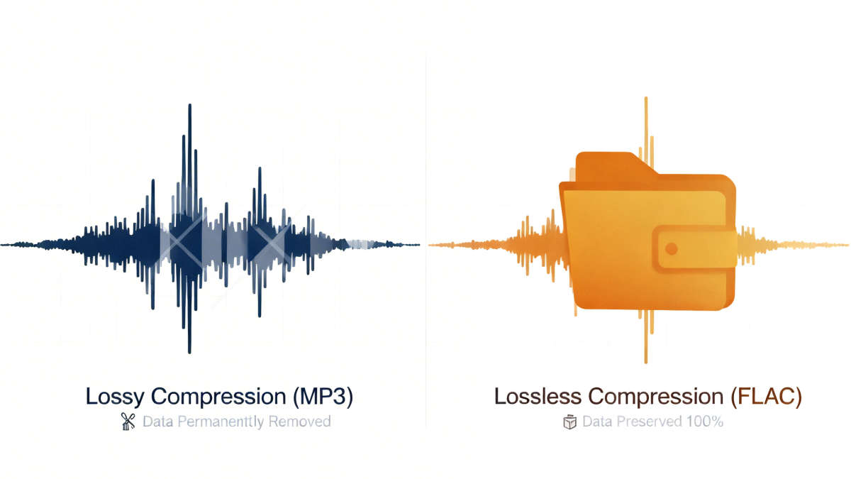 比较有损压缩（MP3，显示数据被丢弃）与无损压缩（FLAC，显示数据被保留）的视觉图表