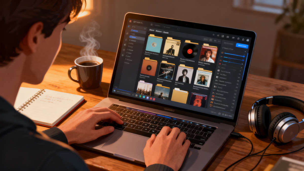 Alt text: 温暖的音乐库管理场景，展示整齐的标签、封面和精心策展的过程