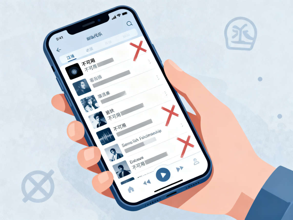 Alt text: 手机屏幕展示灰色歌单，多首歌曲因版权问题显示为不可用状态