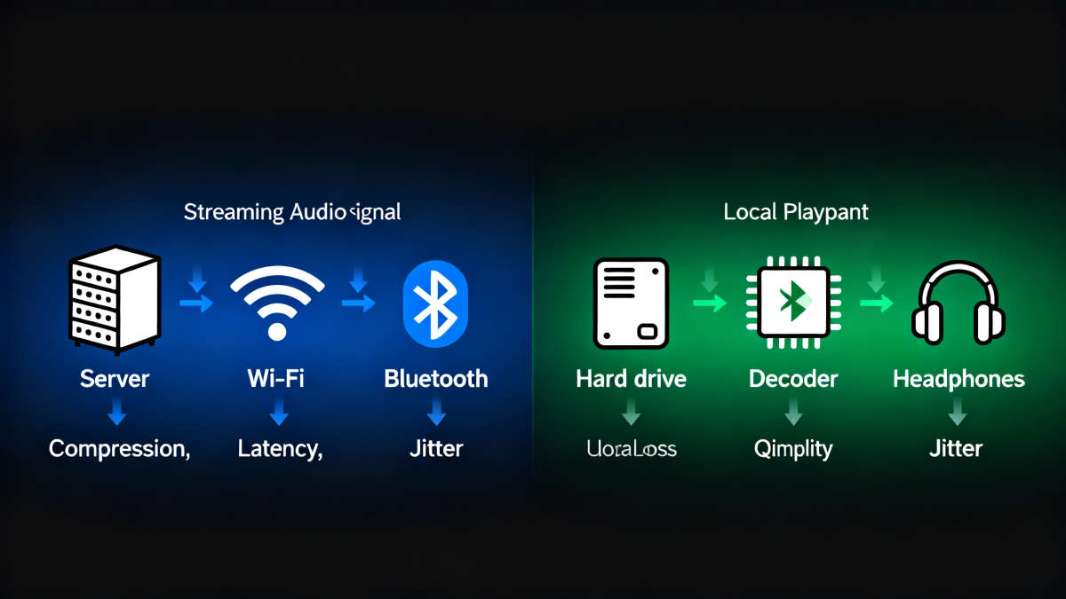 Alt text: 流媒体传输链 vs 本地播放的信号路径对比图