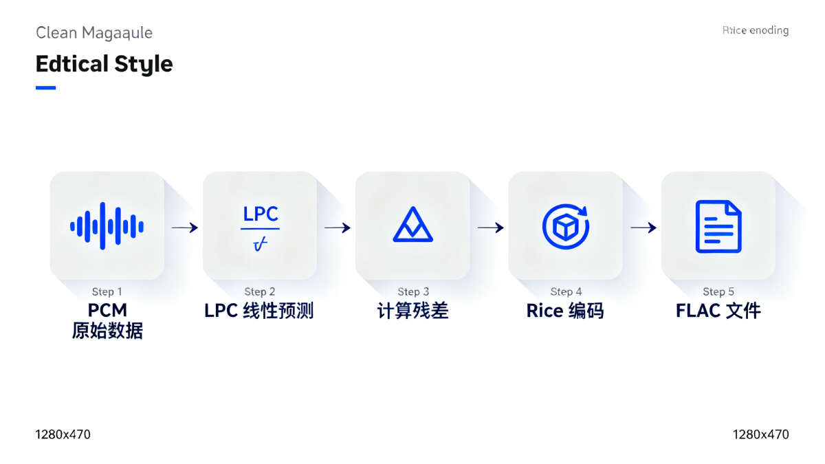 FLAC无损压缩技术原理流程图：PCM原始数据经过线性预测编码LPC和Rice编码生成压缩文件的完整流程示意