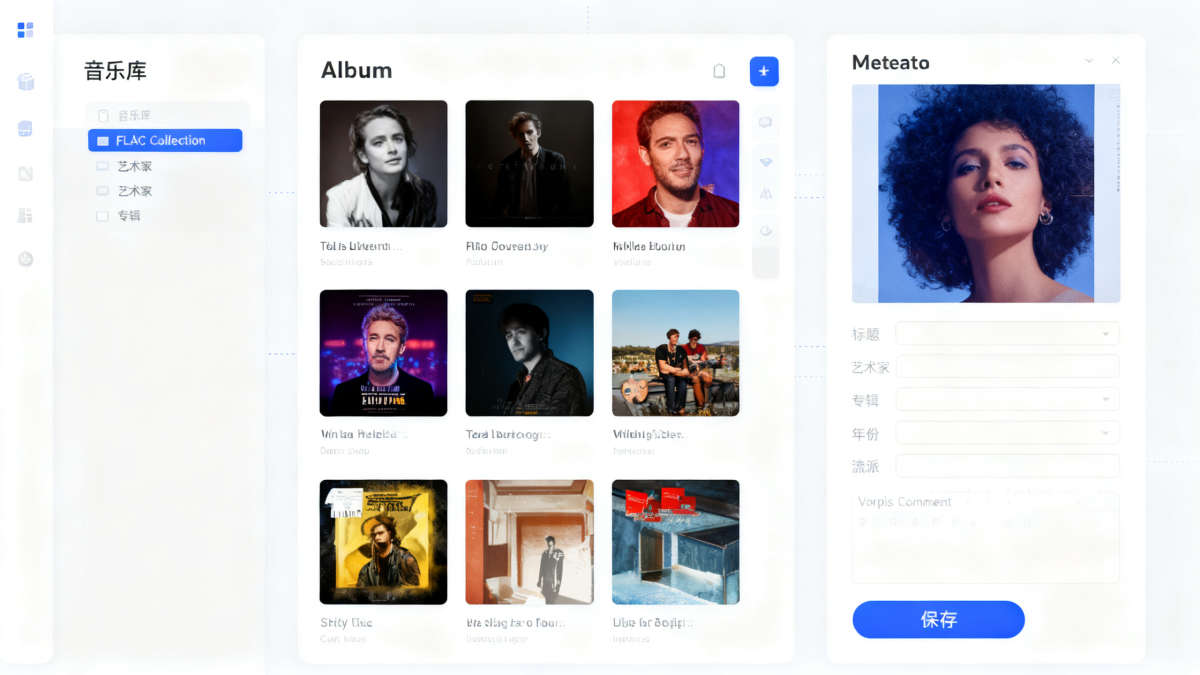 专业音乐库管理软件界面展示：FLAC文件的Vorbis Comment标签编辑、专辑封面嵌入和元数据管理功能