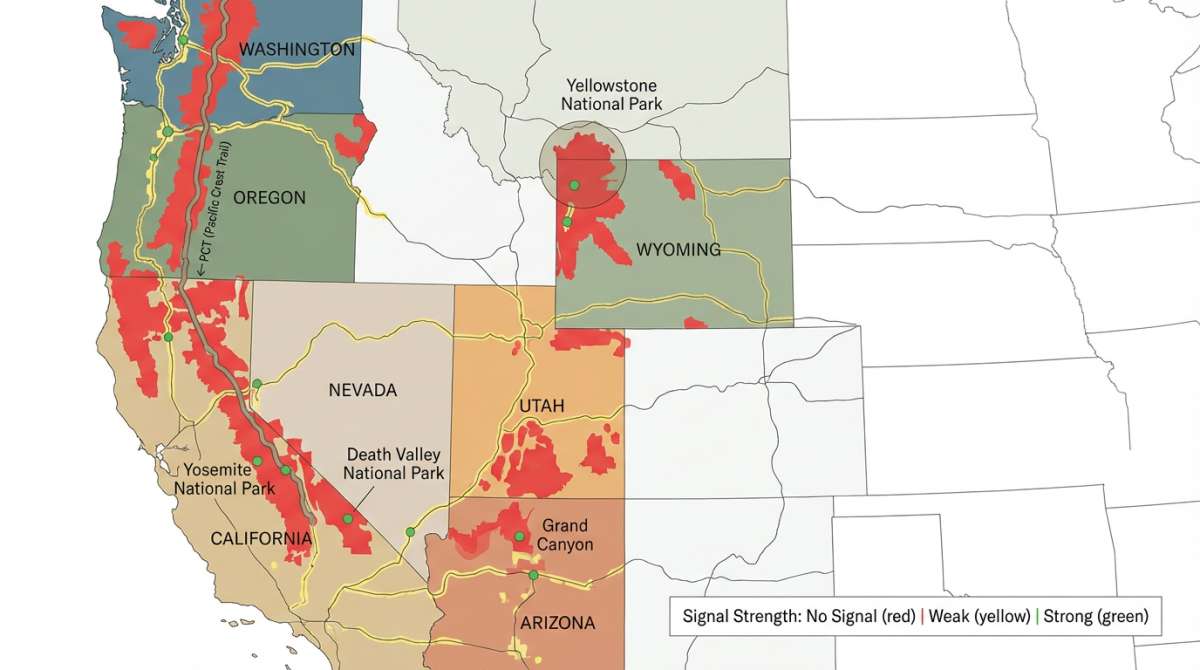 美国国家公园和热门徒步路线网络信号覆盖地图